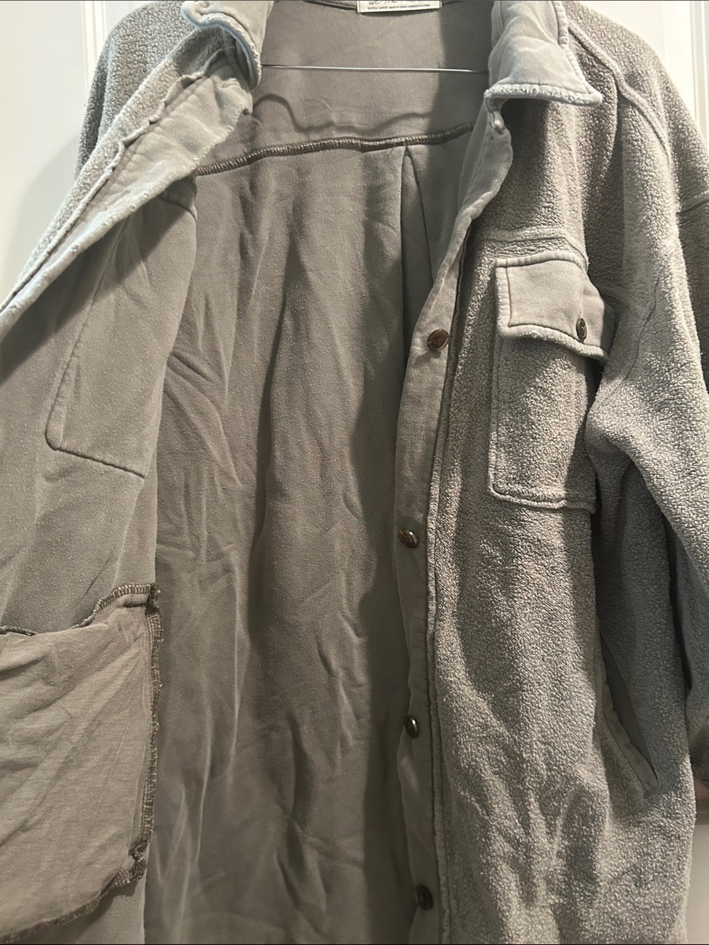 Free People We The Free Long Shacket Distressed Sweatshirt Coat Patch Elbow XL - Picture 8 of 11